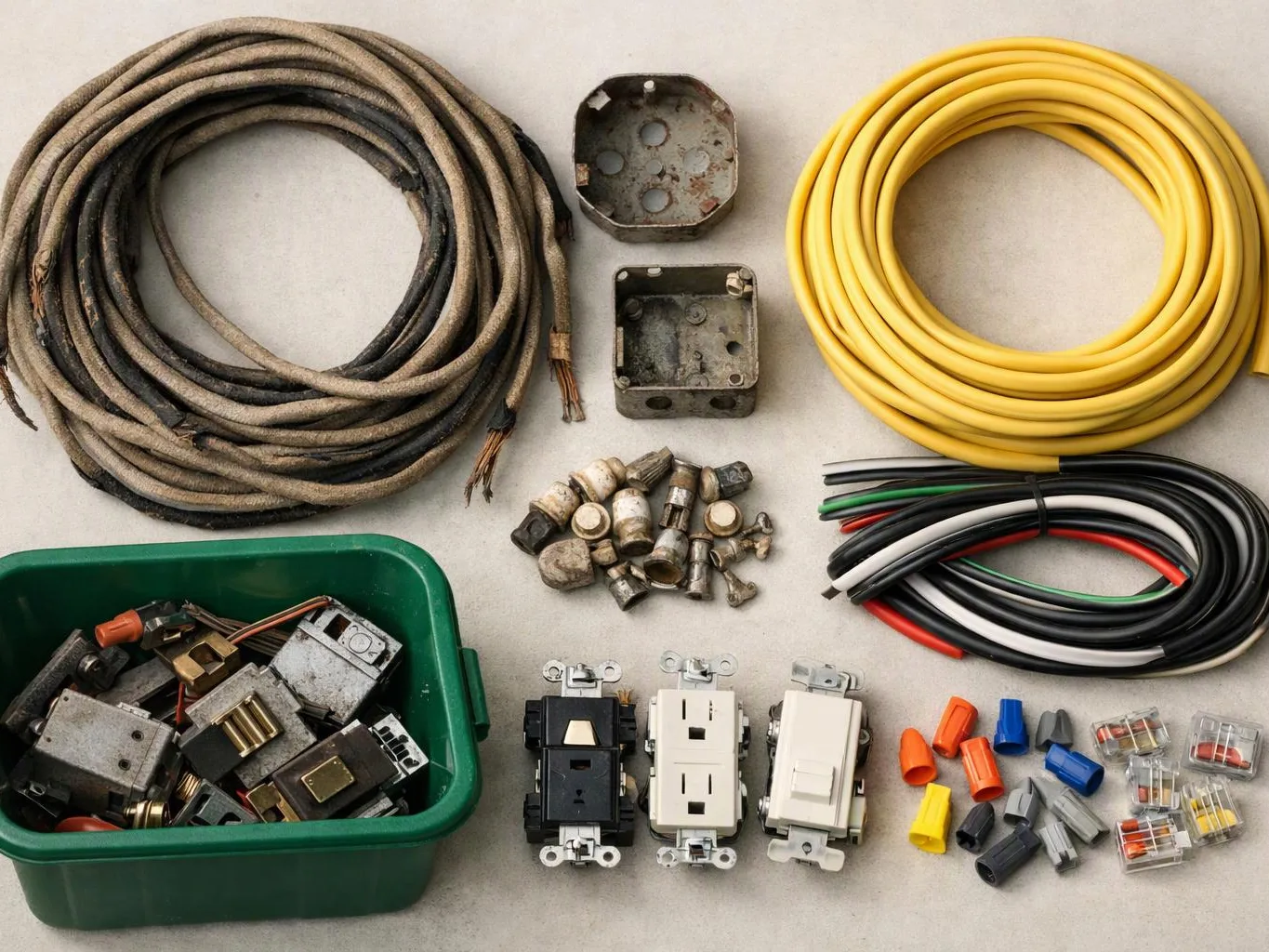 Assorted electrical wires, outlets, connectors, and metal boxes are arranged on a tabletop