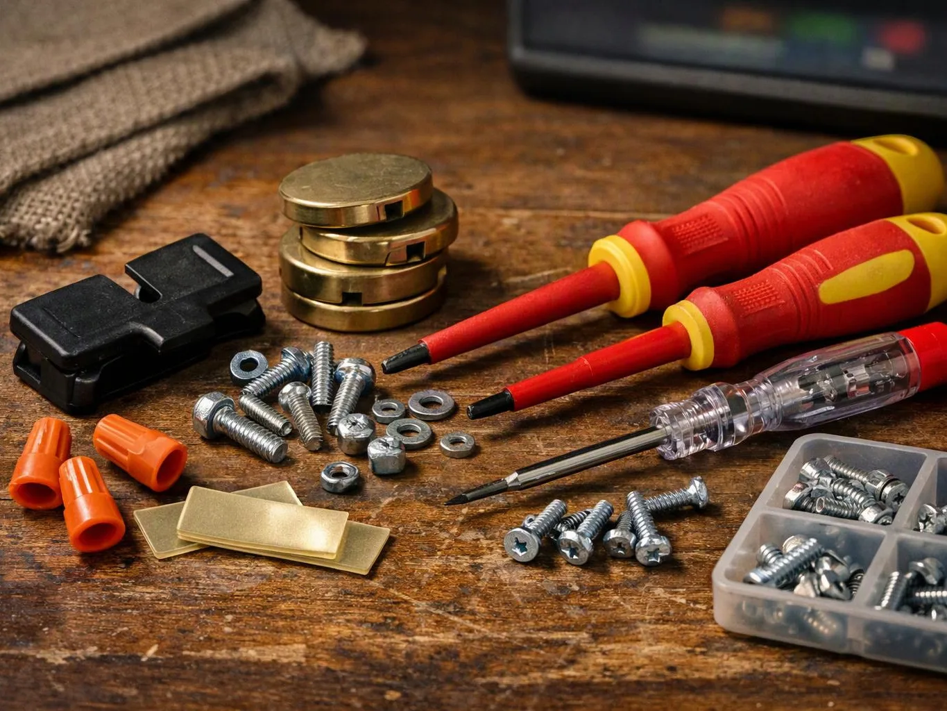 Assorted screws, washers, wire connectors, and screwdrivers sit on a worn wooden workbench