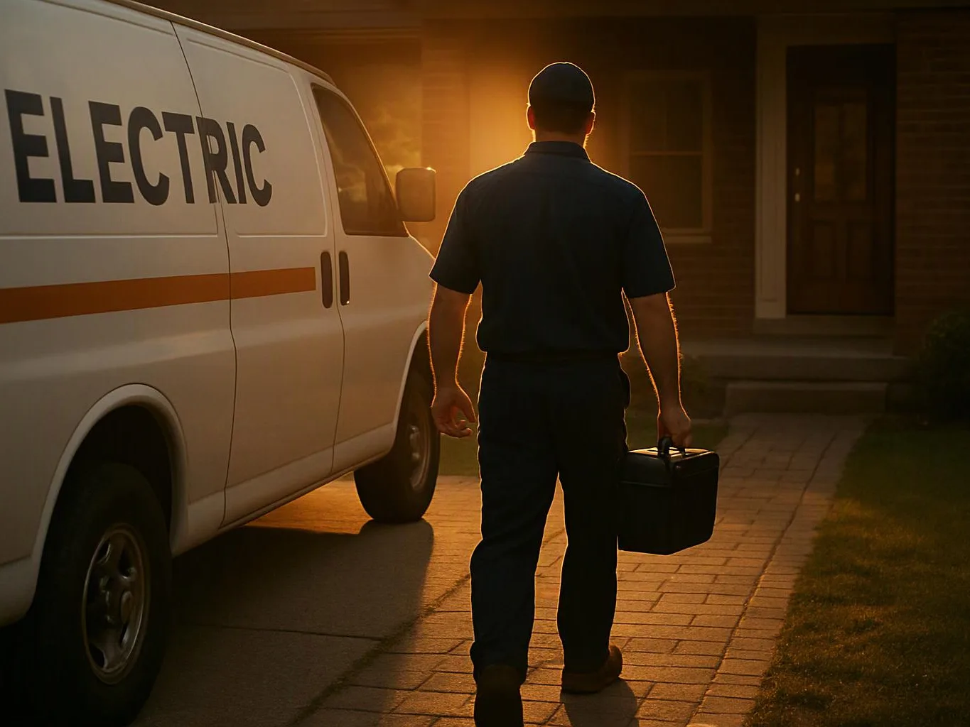 A backlit worker walks toward a house beside a van marked ELECTRIC, carrying a black toolbox