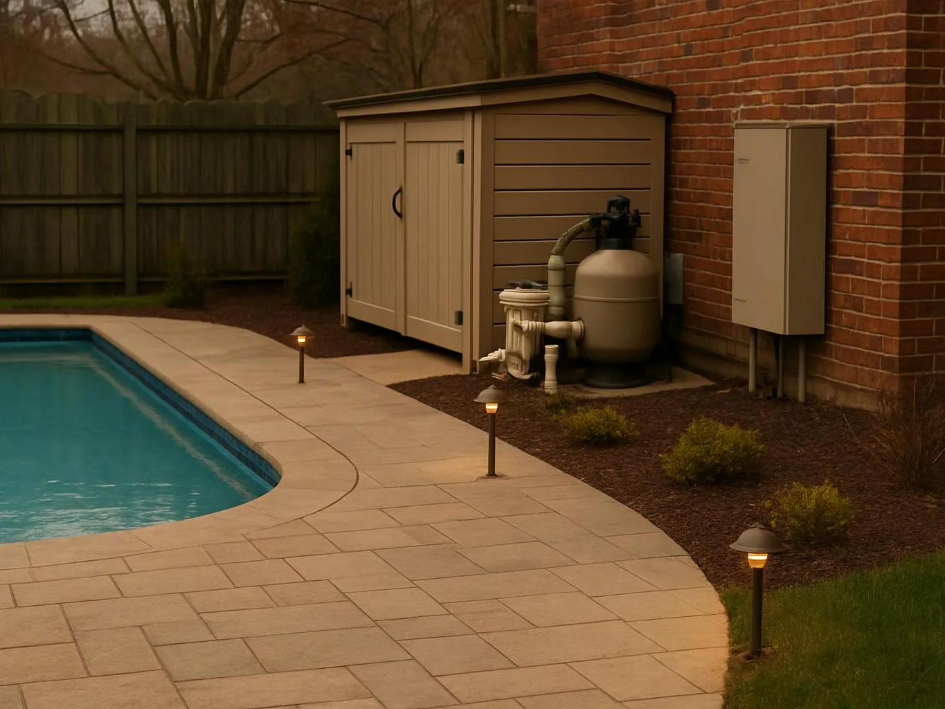 A backyard pool with a tiled patio, lit pathway lamps, a storage shed