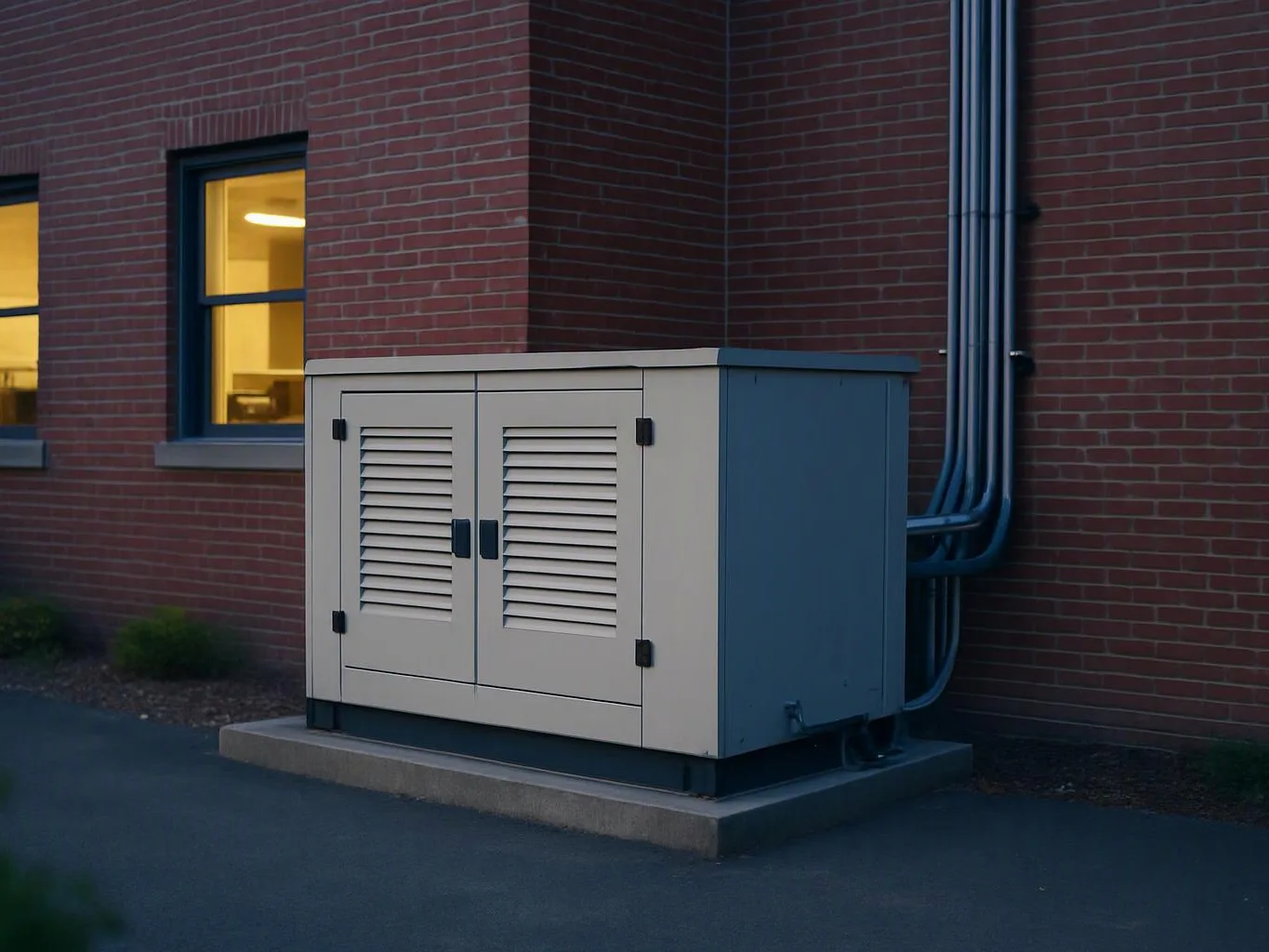 A beige electrical cabinet sits beside a brick building with lit windows and conduit pipes attached