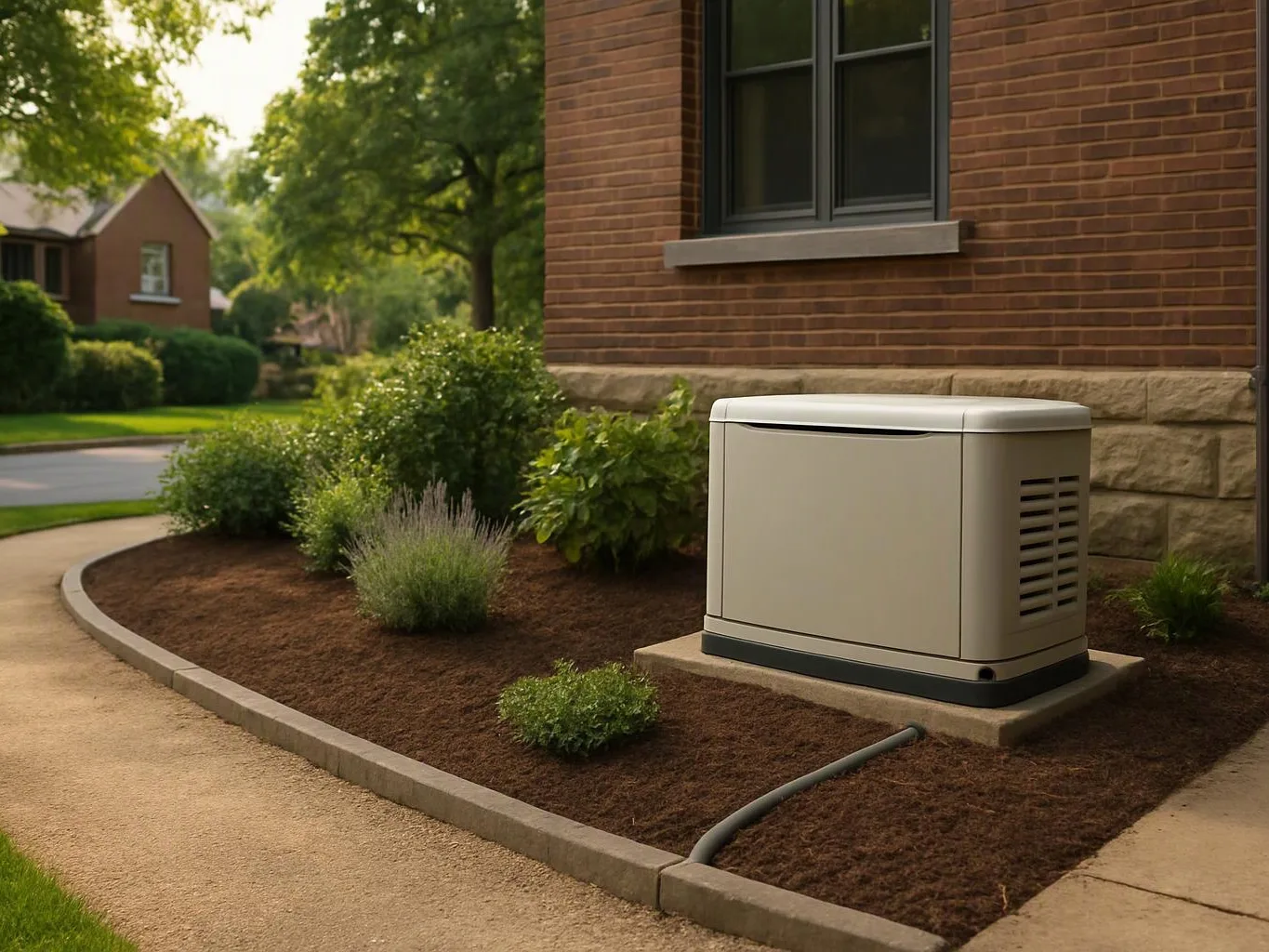 A beige generator sits beside a brick house, surrounded by shrubs and a curved sidewalk