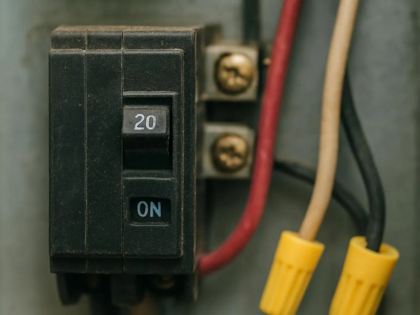 A black 20-amp breaker switch sits on a gray electrical panel beside red, black, and beige wires with yellow caps