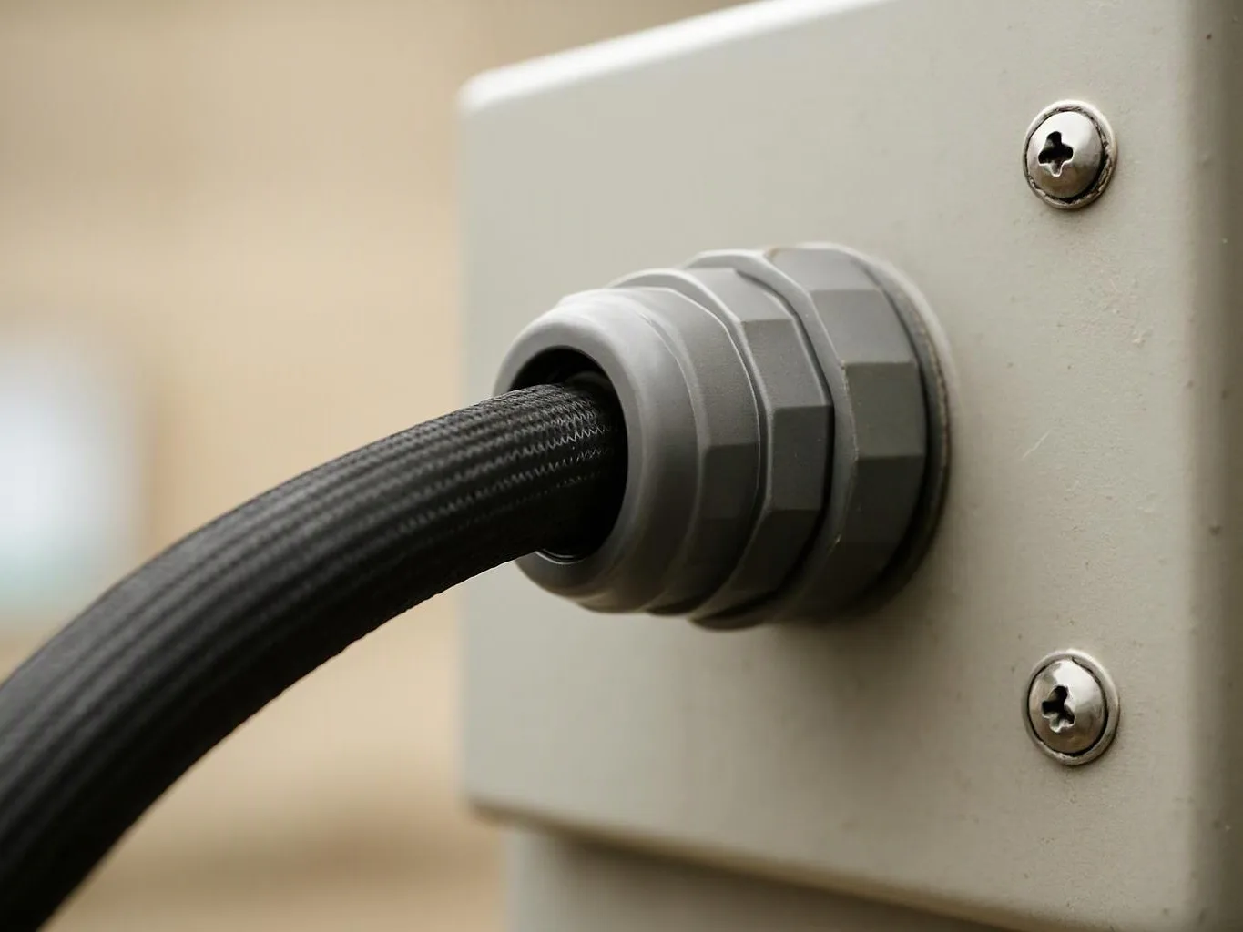 A black braided cable feeds through a gray connector mounted on a beige metal panel with screws