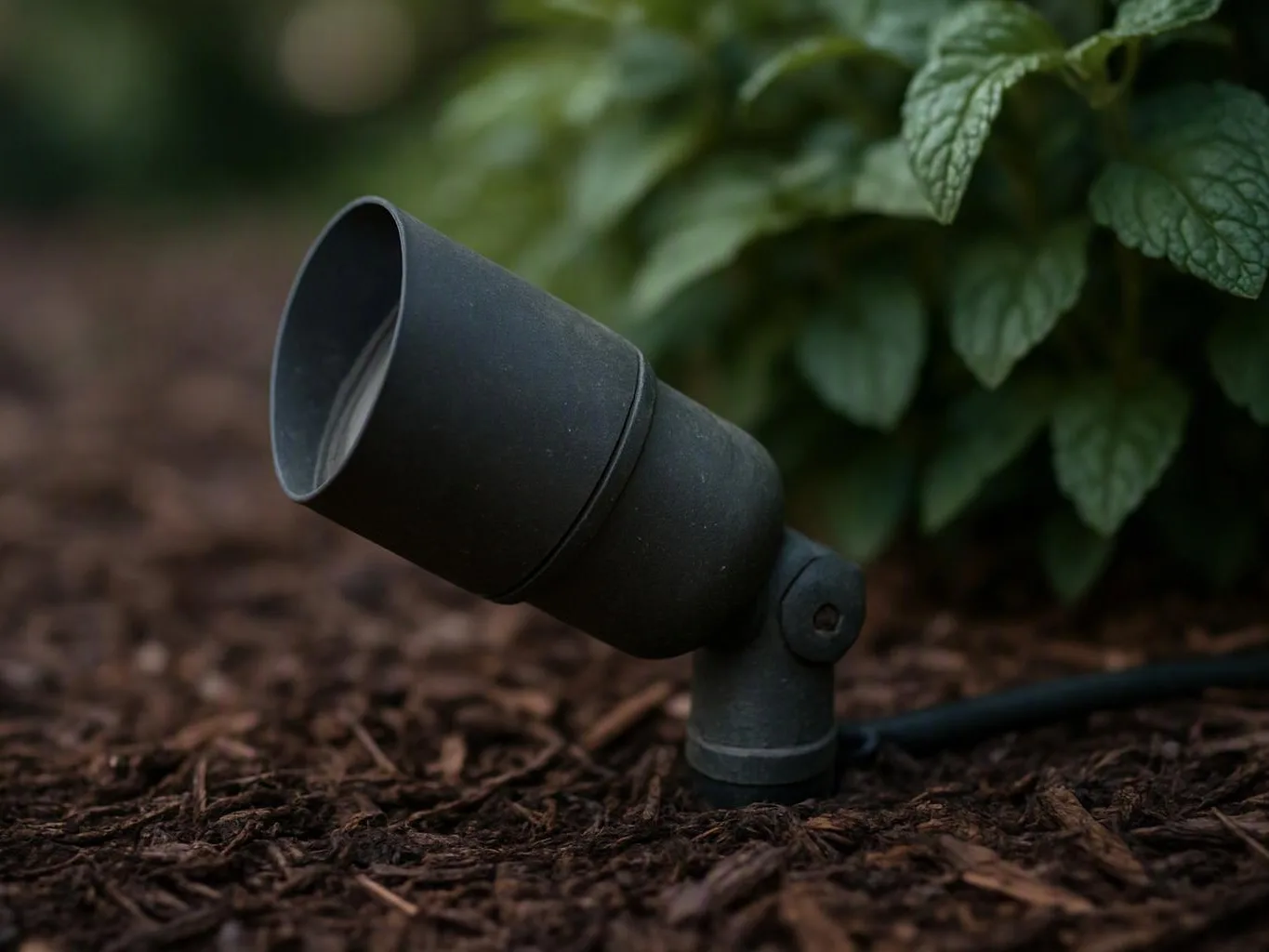 A black outdoor spotlight sits in mulch, aimed toward leafy plants in a garden bed