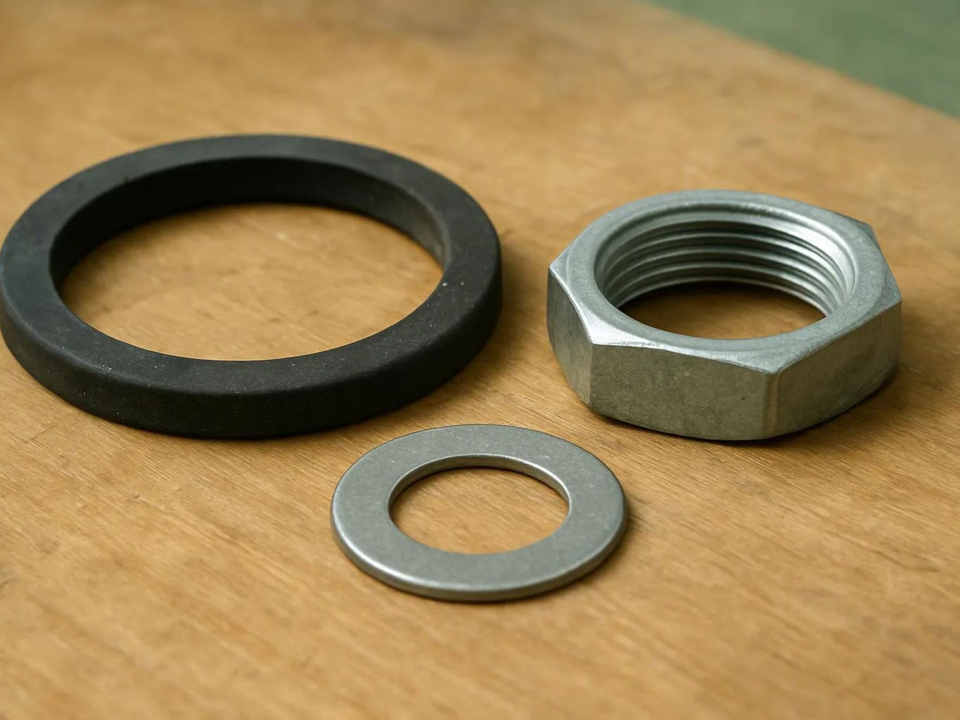 A black ring, metal washer, and large hex nut rest on a wooden surface