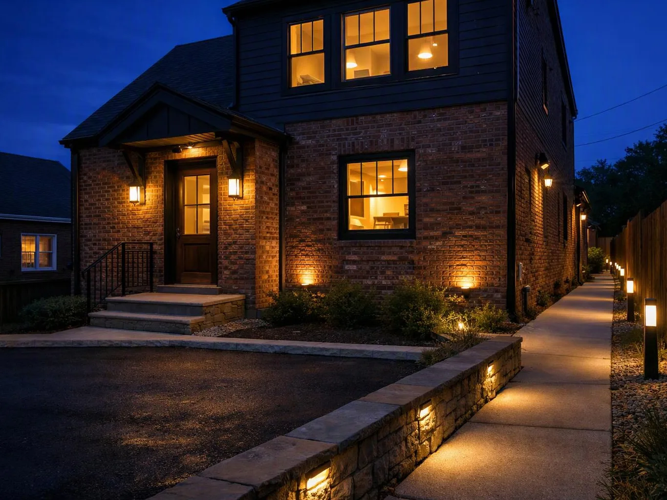 A brick house glows at dusk, with warm lights on the porch, windows, and sidewalk path