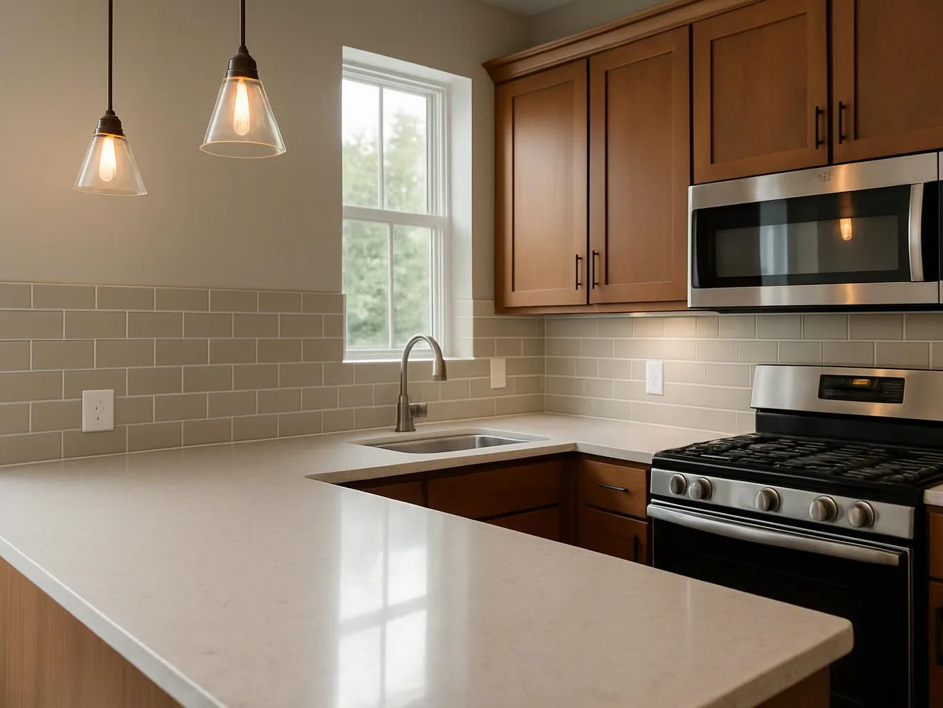 A bright modern kitchen shows wood cabinets, a white island, pendant lights, a window, and stainless steel appliances
