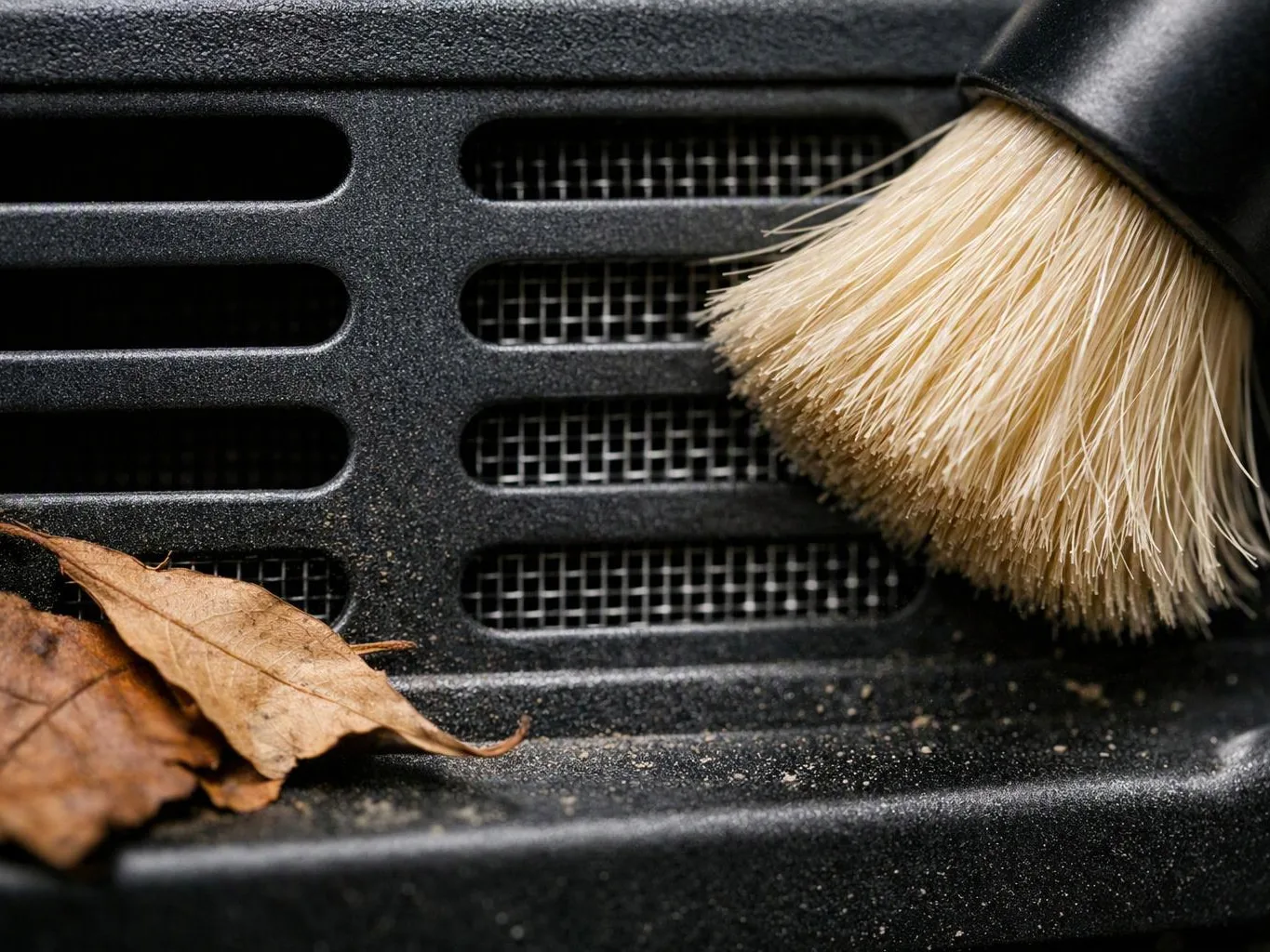 A brush sweeps dust and dry leaves from a black vented surface