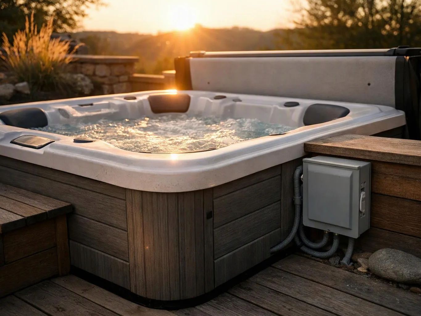 A bubbling hot tub sits on a wooden deck at sunset, with benches and a gray control box nearby