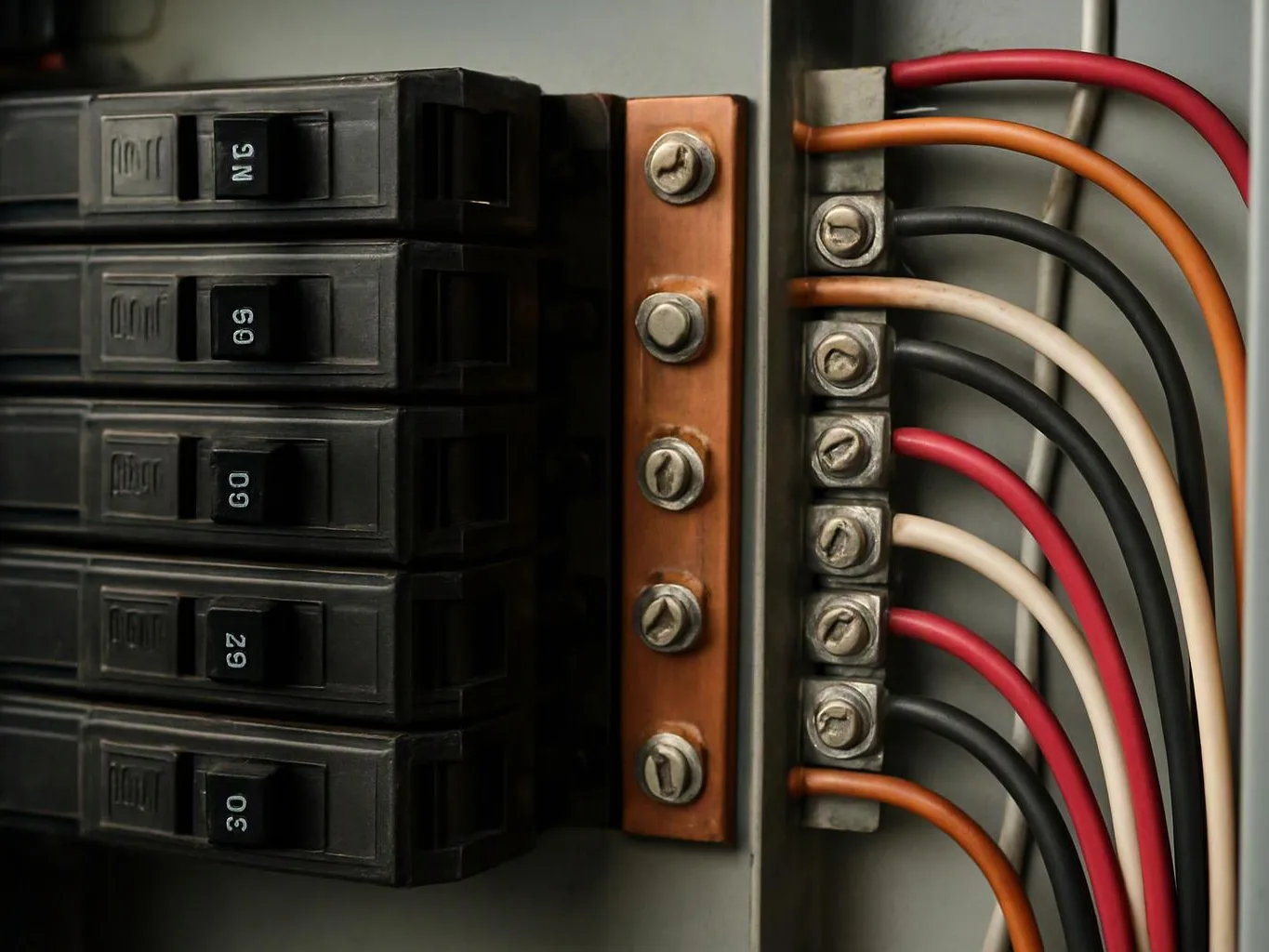 Circuit breakers and colored wires connect inside a gray electrical panel