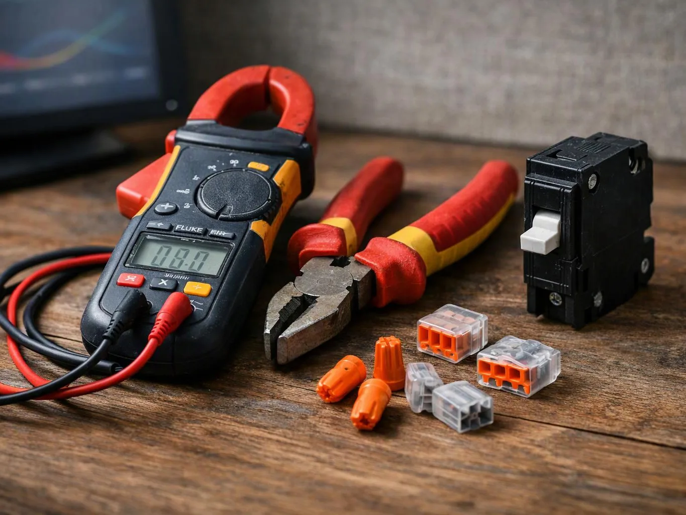 A clamp meter, pliers, wire connectors, and a circuit breaker sit on a wooden workbench