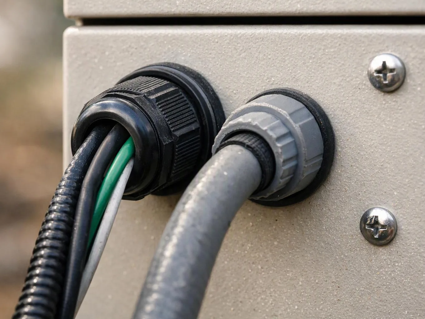 Close-up of cables passing through two plastic connectors on a beige metal panel