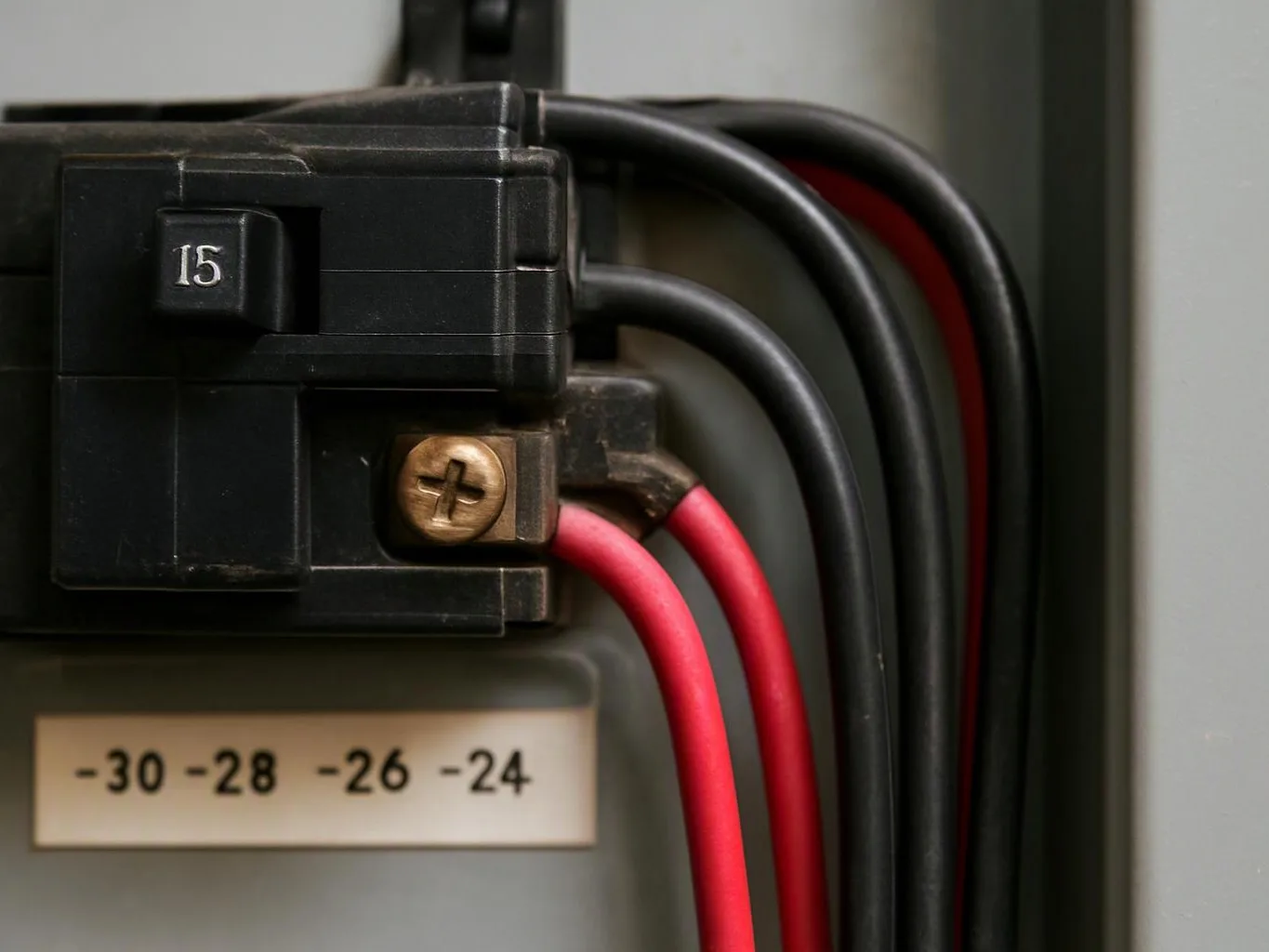 Close-up of a circuit breaker panel with red and black wires connected to a black switch labeled 15