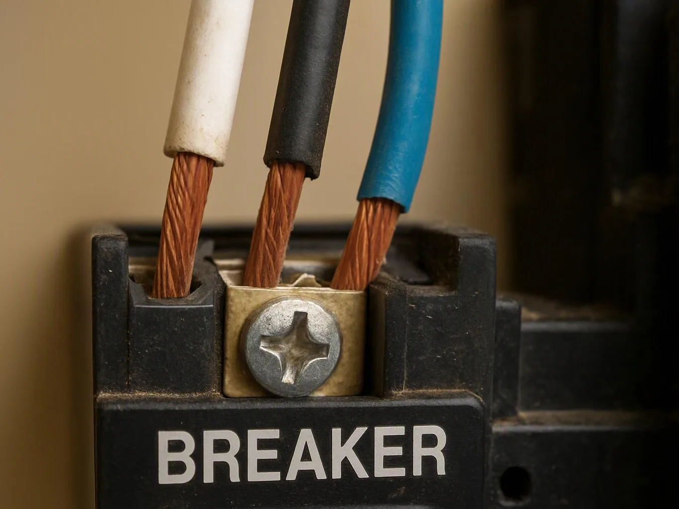 Close-up of a circuit breaker with three insulated wires clamped under a screw terminal