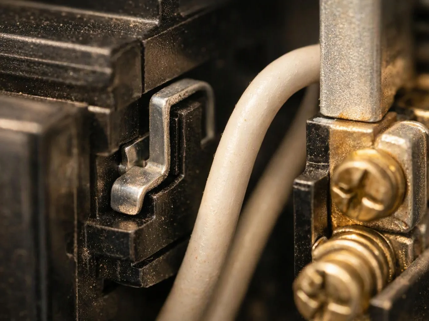 Close-up of dusty electrical connectors with a white cable and brass screws inside a machine