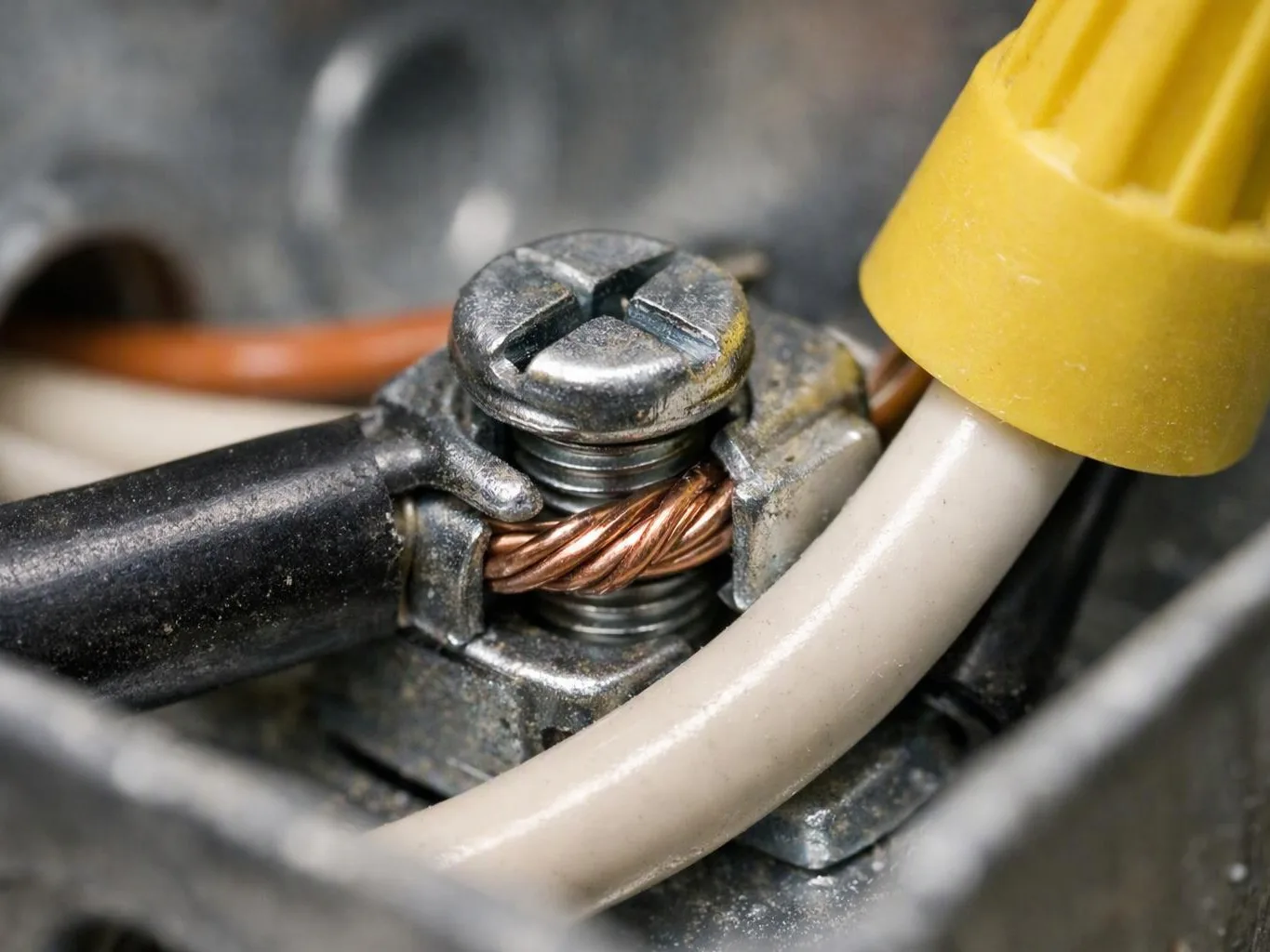 Close-up of an electrical wire splice with a screw connector, copper strands, and a yellow wire nut
