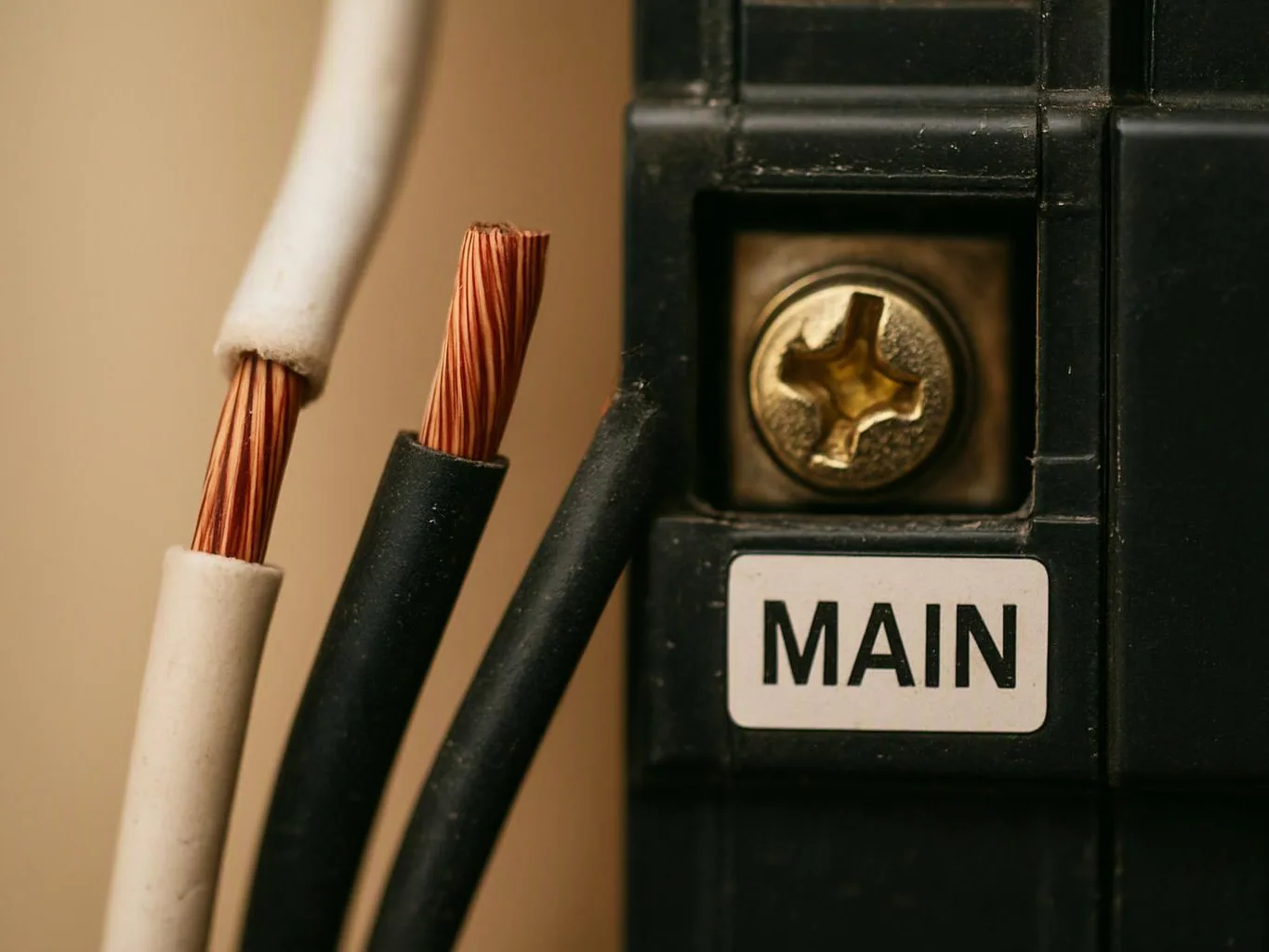 Close-up of exposed copper wires beside a black electrical breaker labeled MAIN