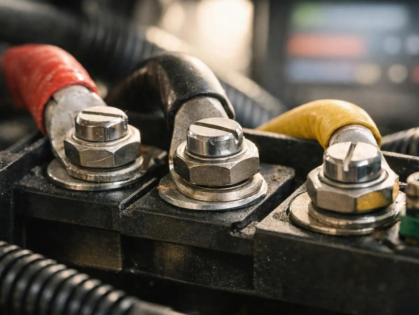 Close-up of heavy electrical cable terminals bolted to a black connector block in a workshop setting