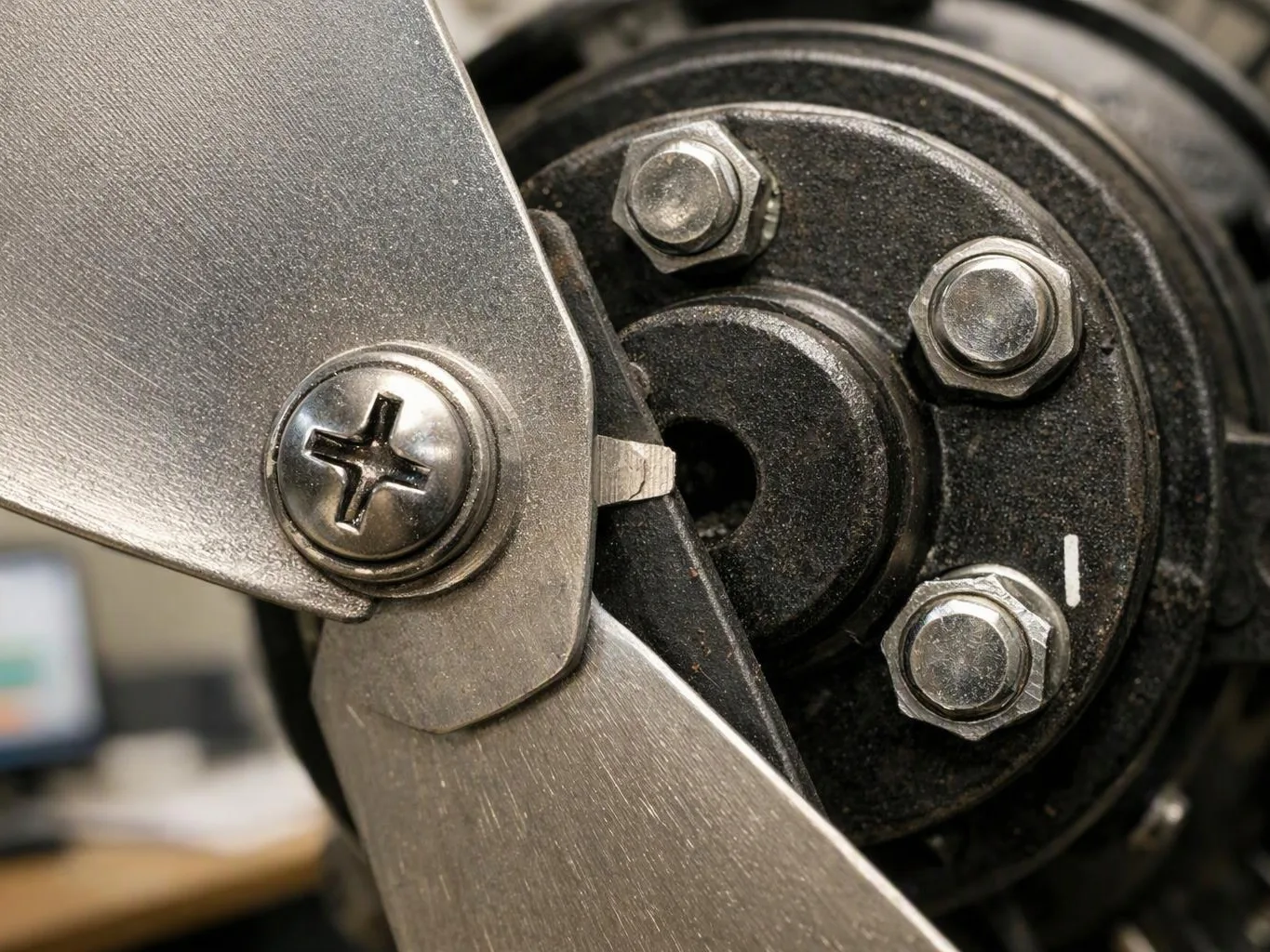 Close-up of a metal mechanical joint with screws and bolts on a black circular housing