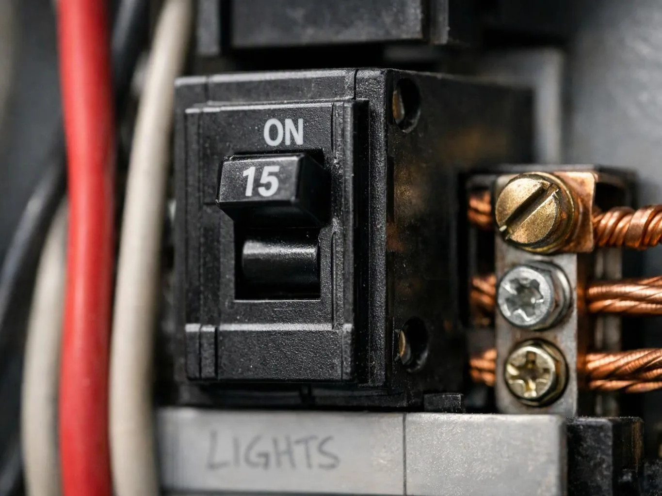 A close-up shows a 15-amp breaker labeled lights beside copper wires in an electrical panel