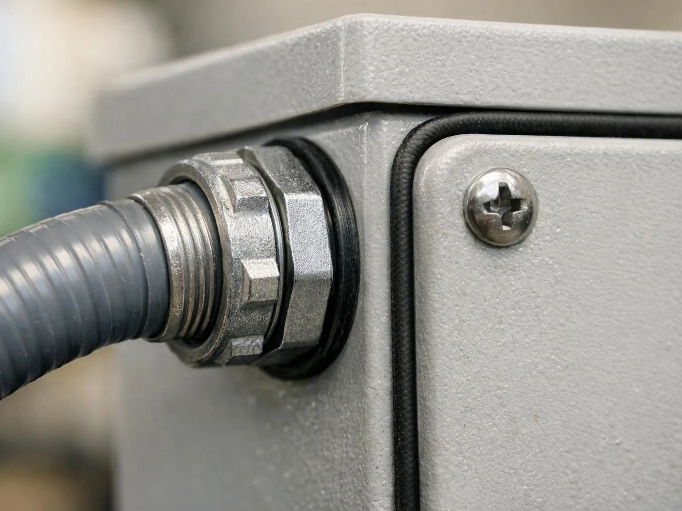 A close-up shows a gray metal electrical box with a conduit cable secured by a fitting and screw