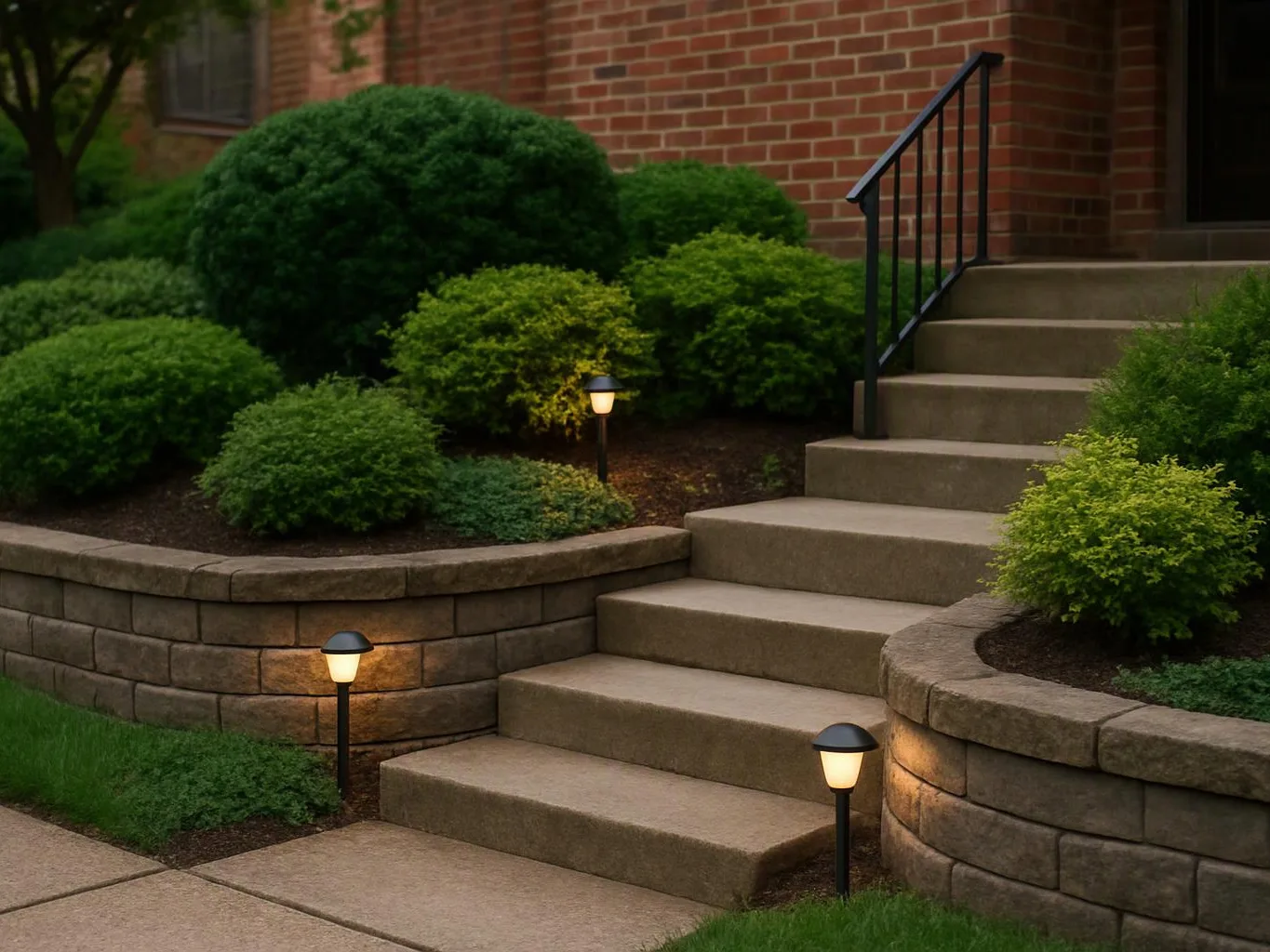 Concrete steps lead up past trimmed shrubs and glowing garden lights beside a brick house