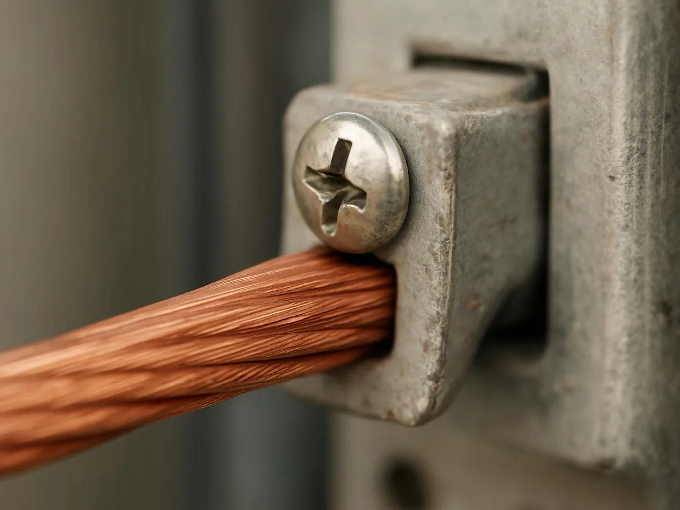 A copper wire bundle passes through a metal clamp secured by a screw on a gray surface