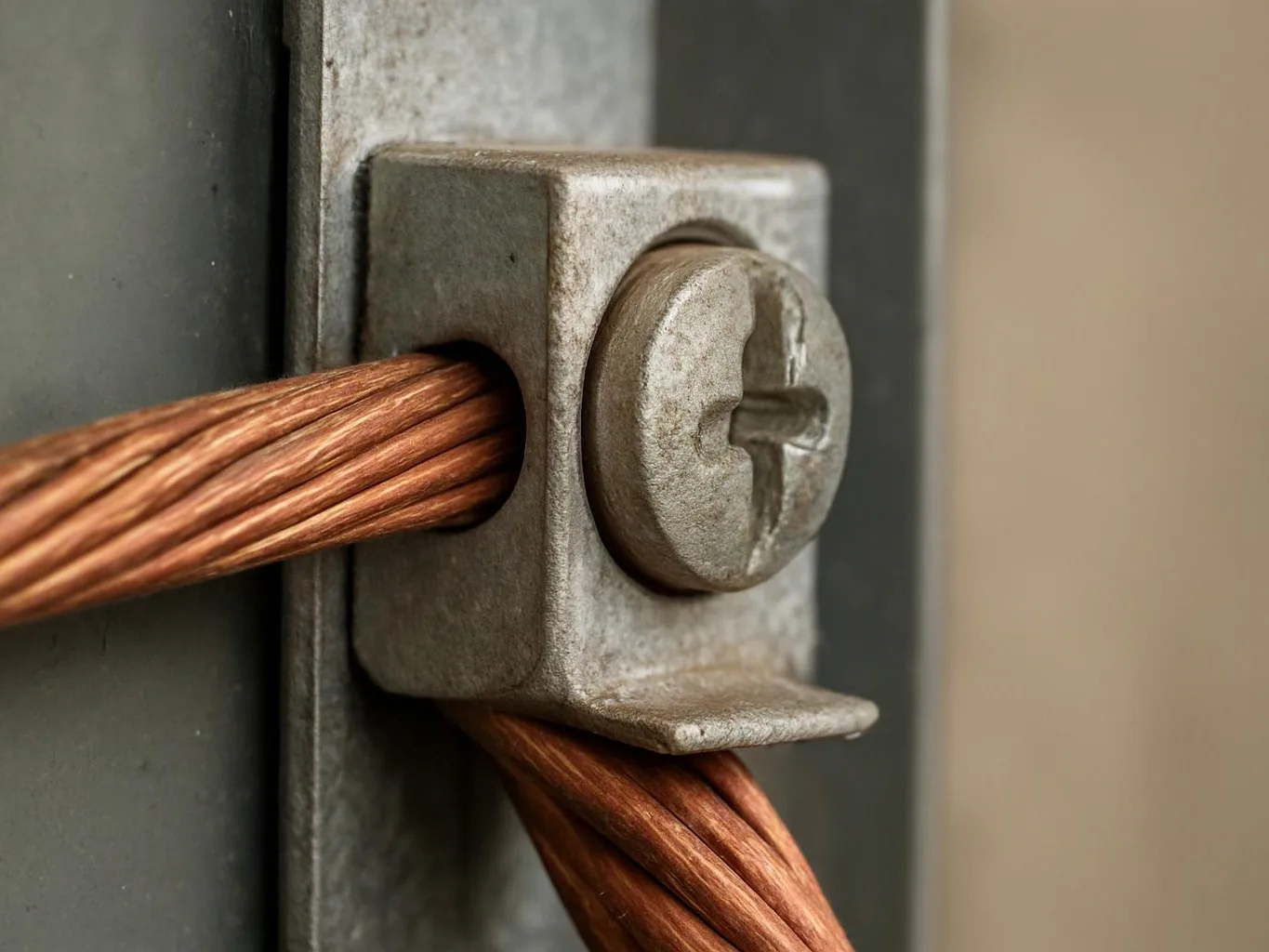 Copper wire passes through a weathered metal clamp against a dark panel with a blurred beige background