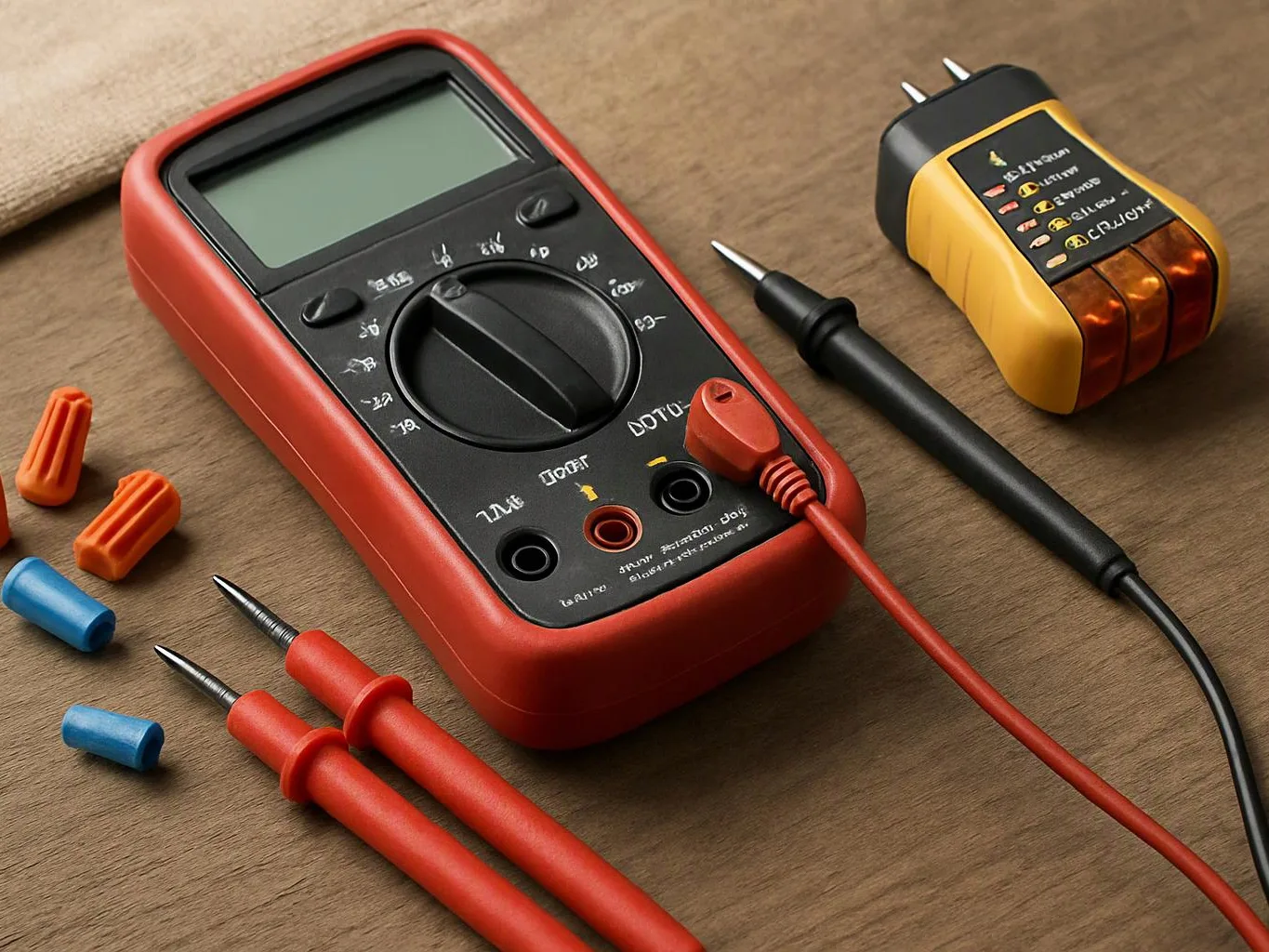 A digital multimeter with red and black probes sits beside wire connectors on a wooden surface