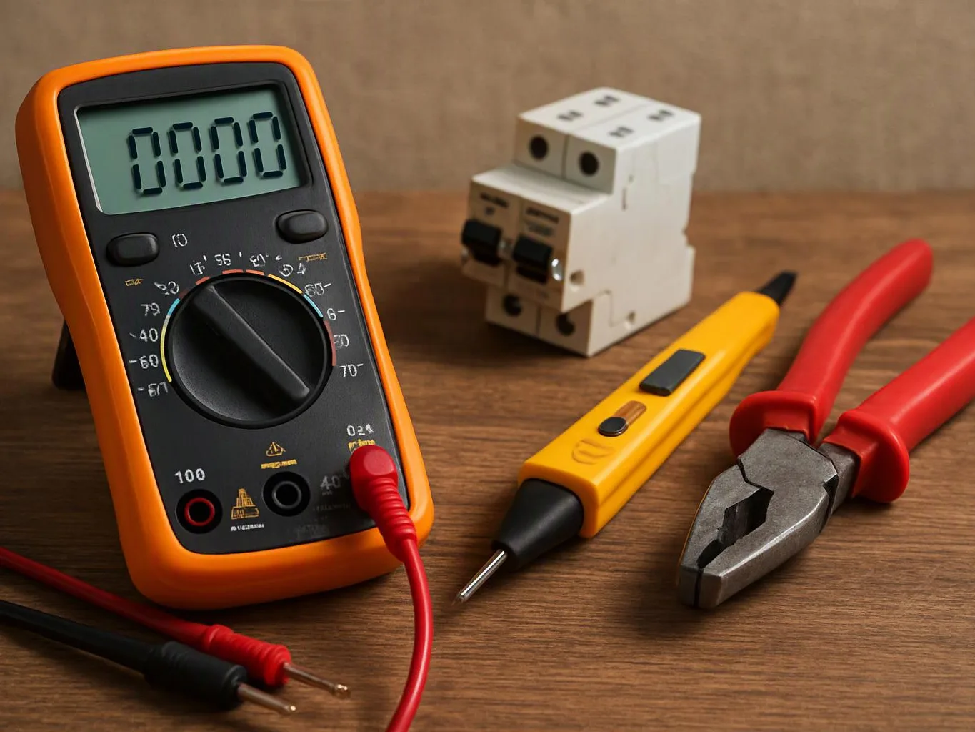 A digital multimeter, voltage tester, pliers, and circuit breaker sit on a wooden table