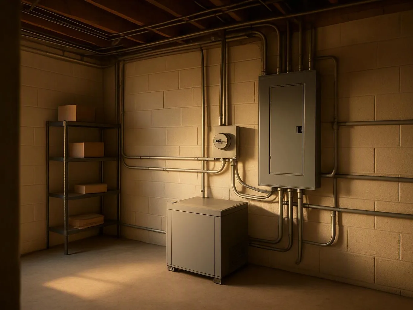 A dim utility room shows electrical panels, metal conduit, a shelf with boxes, and a small cabinet on the floor