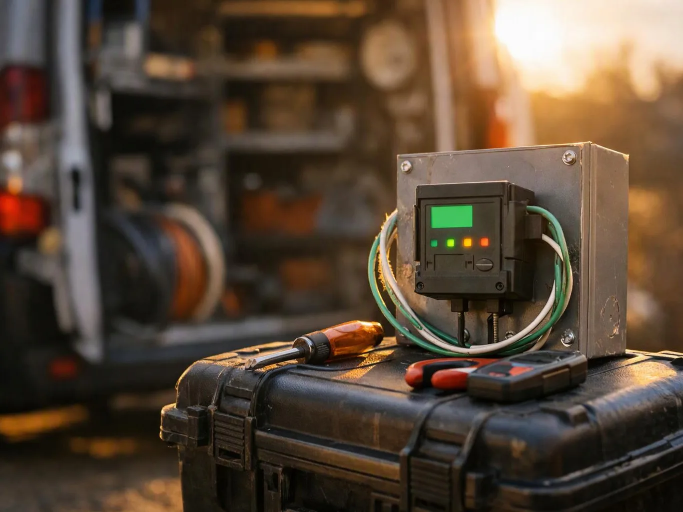 An electrical control box with wired display sits on a black case beside a screwdriver and test tool outdoors