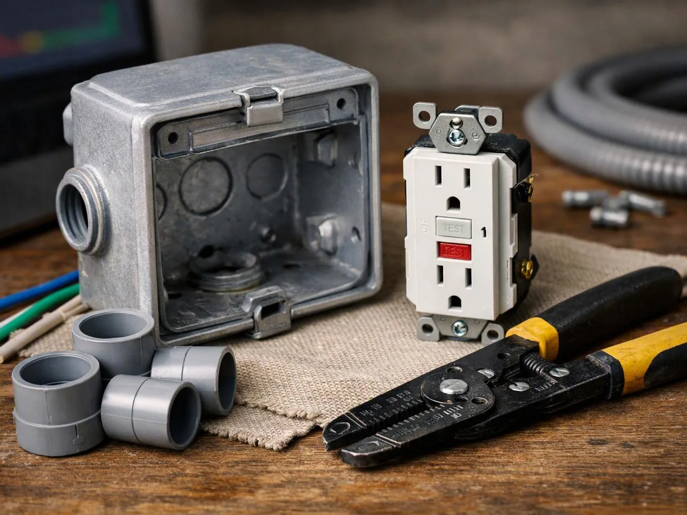 Electrical parts and a wire stripper rest on a wooden workbench beside a metal junction box and outlet tester