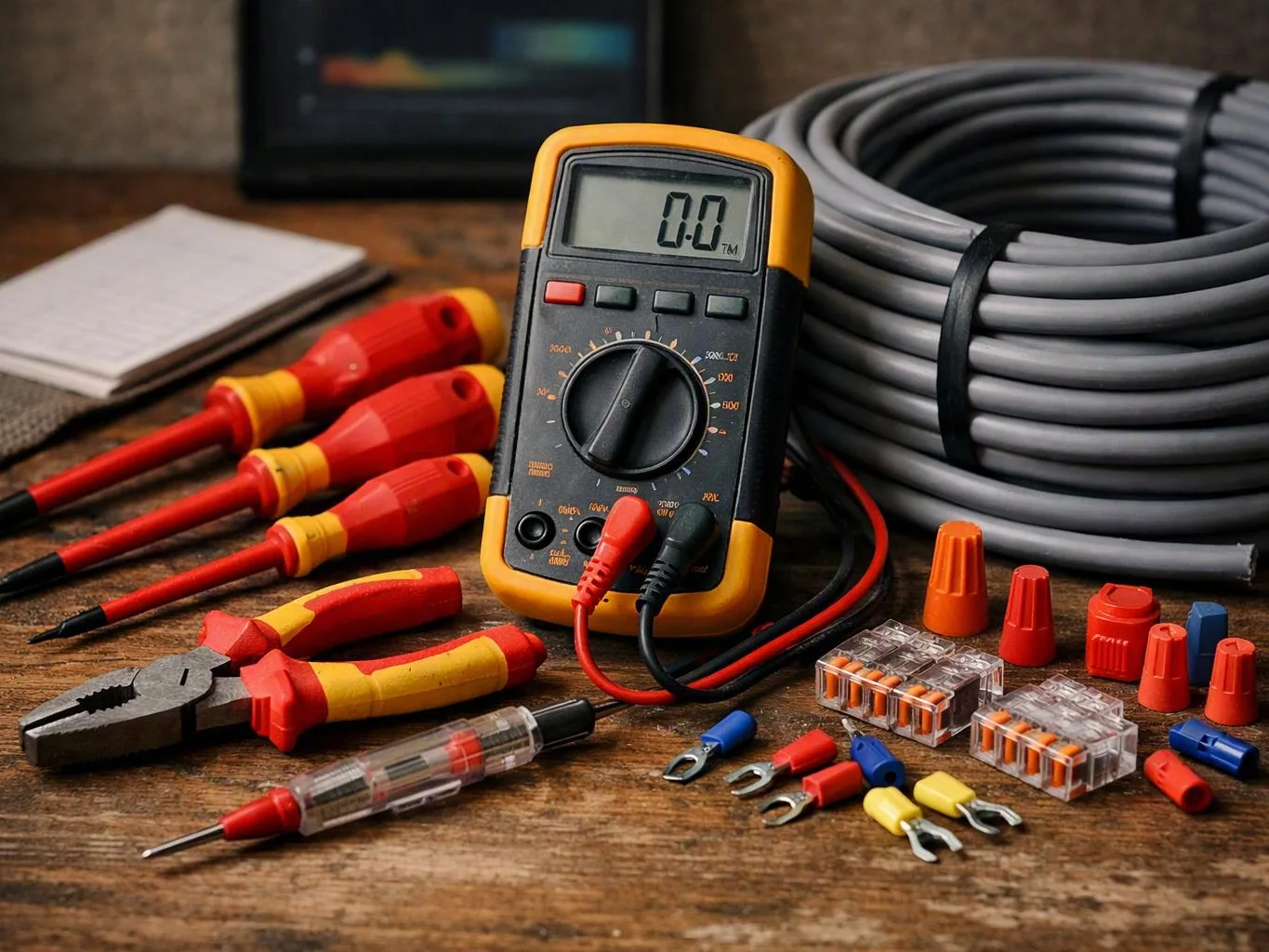 Electrical tools and wire fittings sit on a wooden workbench beside a digital multimeter and coiled cable
