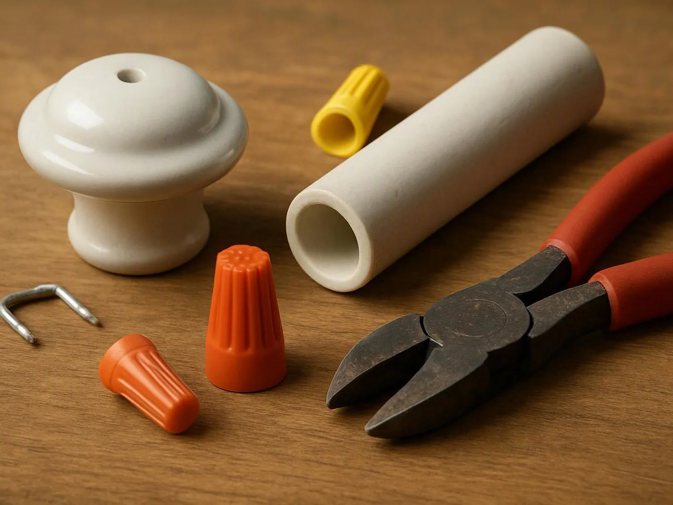 Electrical wire connectors and pliers are arranged on a wooden surface