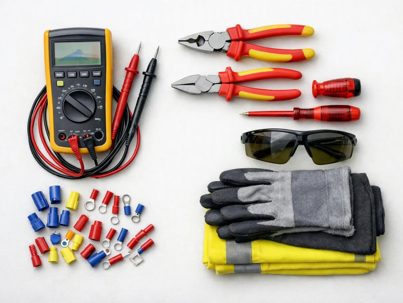 Electrician tools and safety gear are neatly arranged on a white background