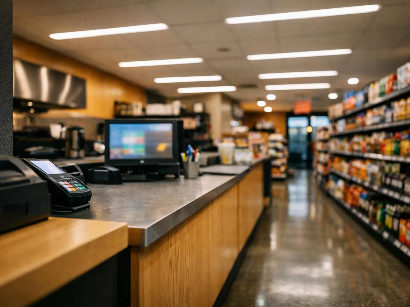 An empty convenience store checkout counter sits beside stocked shelves under bright ceiling lights