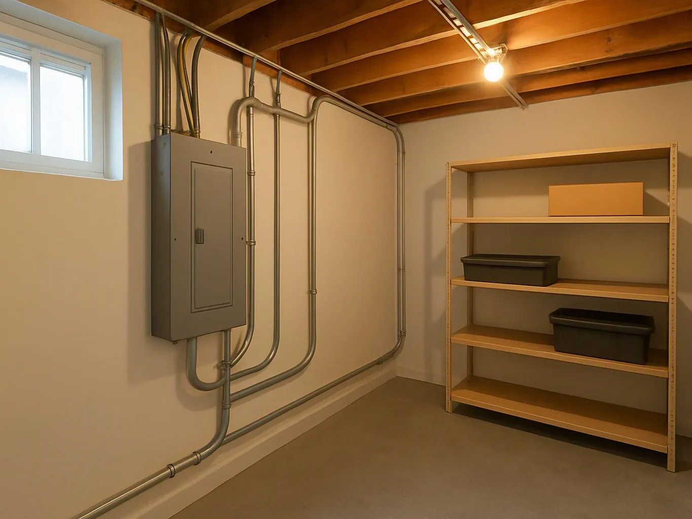 An empty utility room shows a gray breaker panel, exposed conduits, a bare bulb, and shelving with storage bins