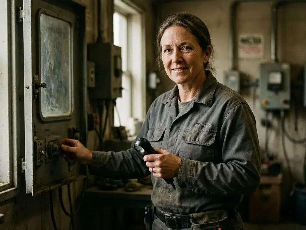 Mechanic uses a flashlight while adjusting a metal machine in a workshop