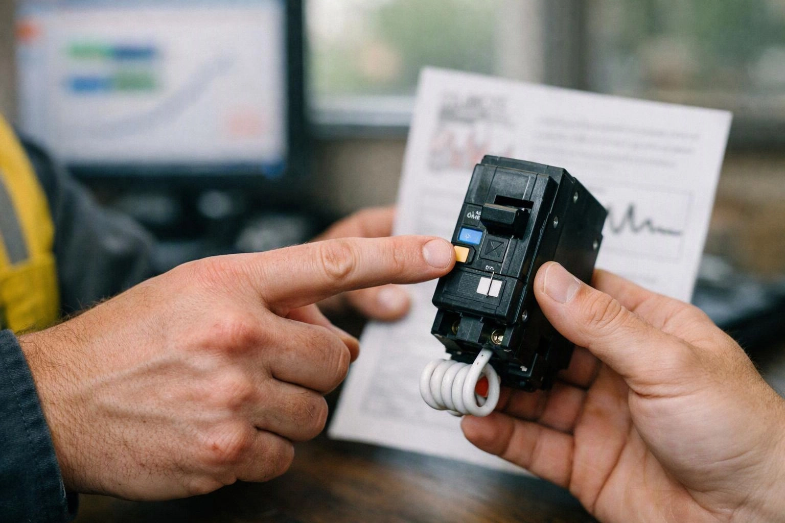 Two hands hold a black circuit breaker while one finger points at its colored buttons