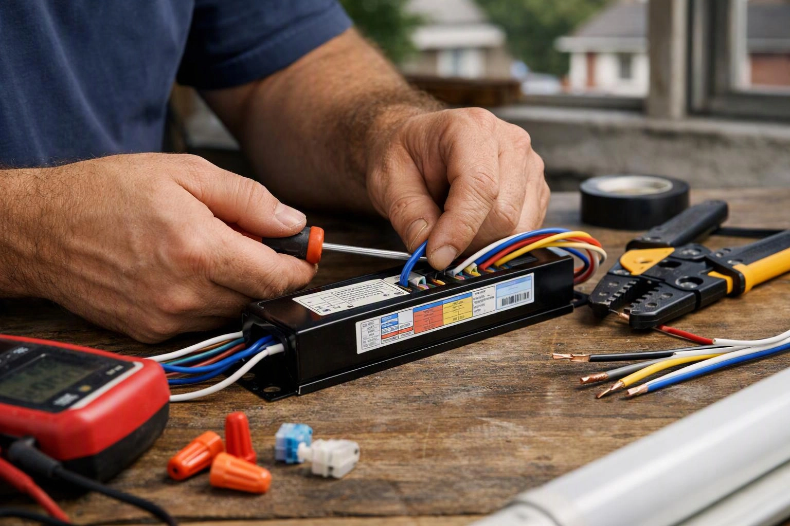 Hands connect colored wires into a black electrical box on a wooden workbench outdoors