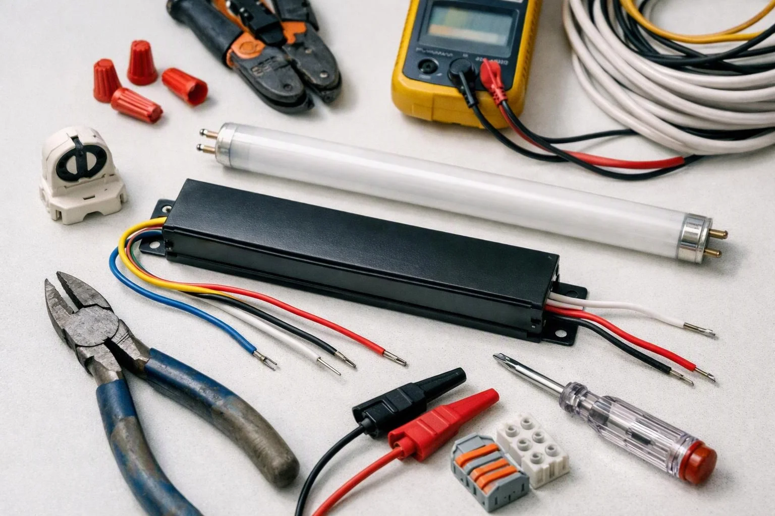 Electrical tools and components are arranged on a white work surface, including pliers, wire connectors, a meter, and bulbs