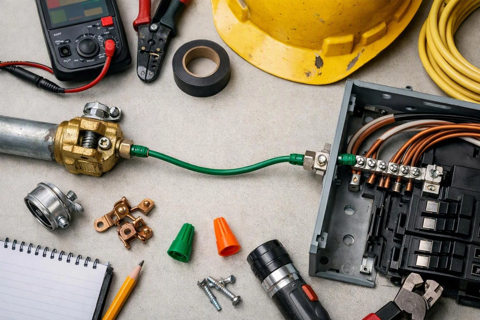 Electrical tools, connectors, and a breaker panel are spread across a work surface while a green wire links pipe to the panel