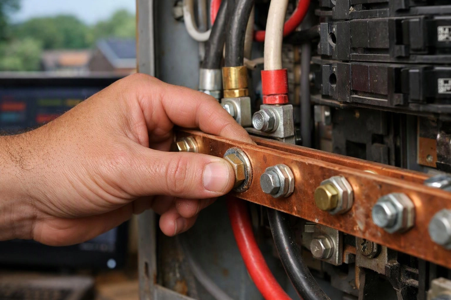 A hand tightens a bolt on a copper electrical bus bar inside an open breaker panel