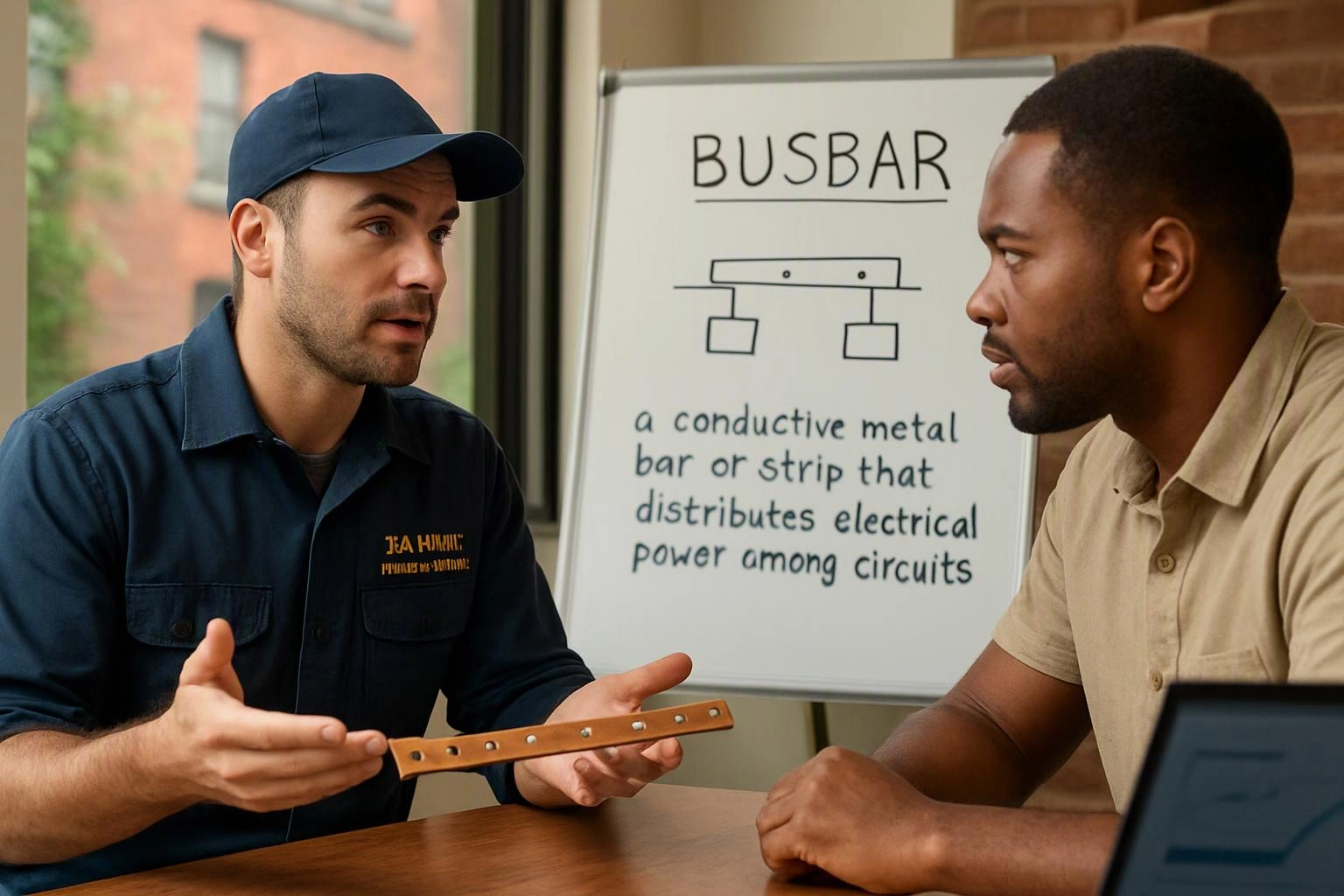 Two men discuss a metal strip beside a whiteboard labeled BUSBAR in a meeting room