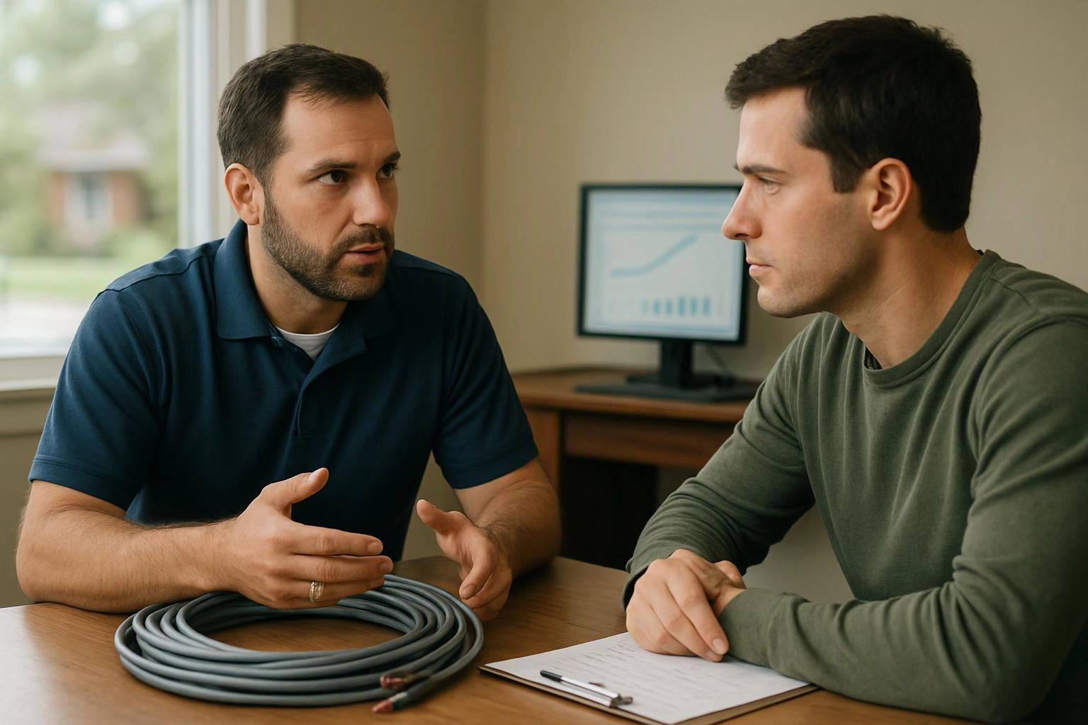 Two men talk across a table with a coiled cable and a clipboard in a small office room