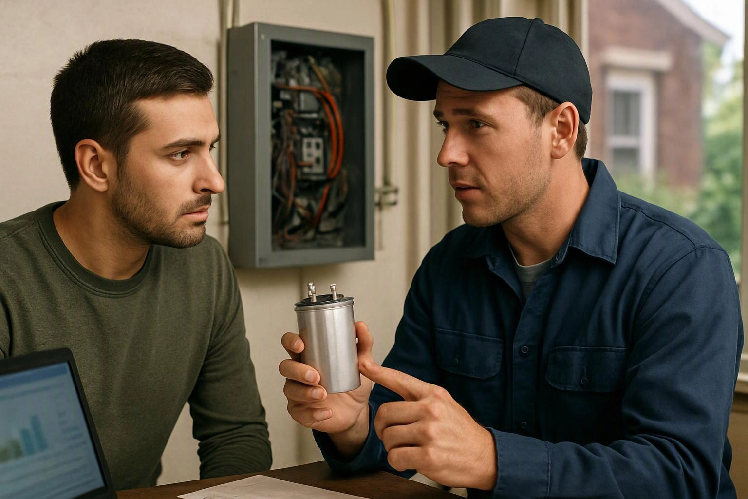 Two men discuss a metal electrical part indoors