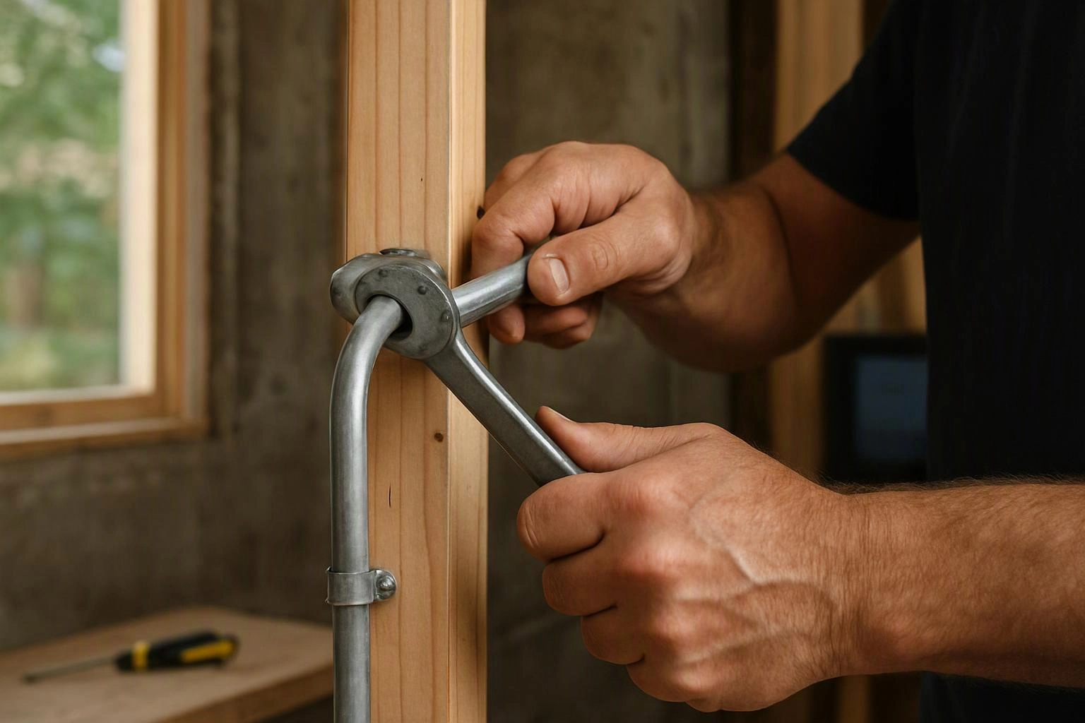 A person tightens a metal bracket on a wooden frame inside an unfinished room