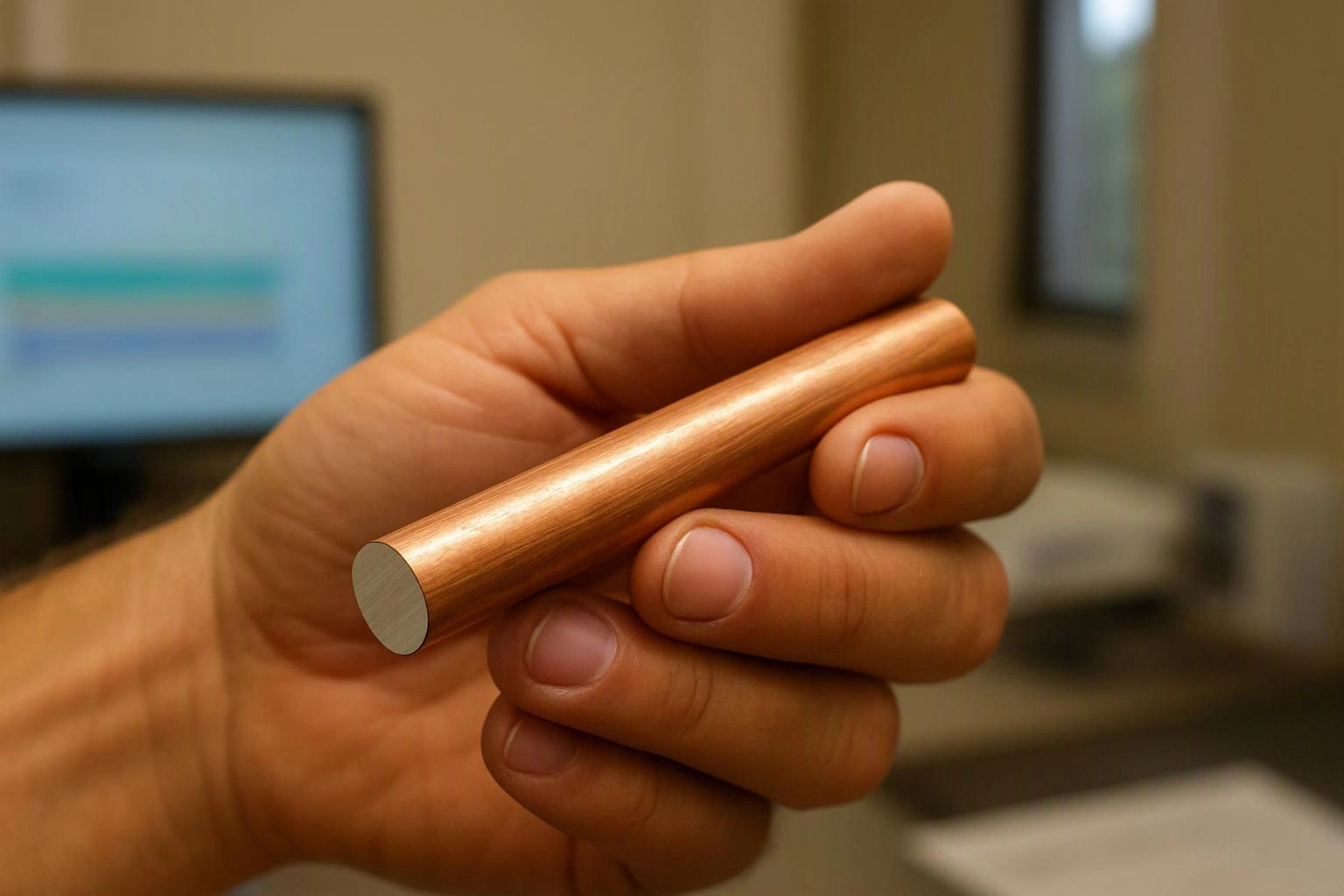 A hand holds a copper-colored metal rod in a blurred indoor office setting